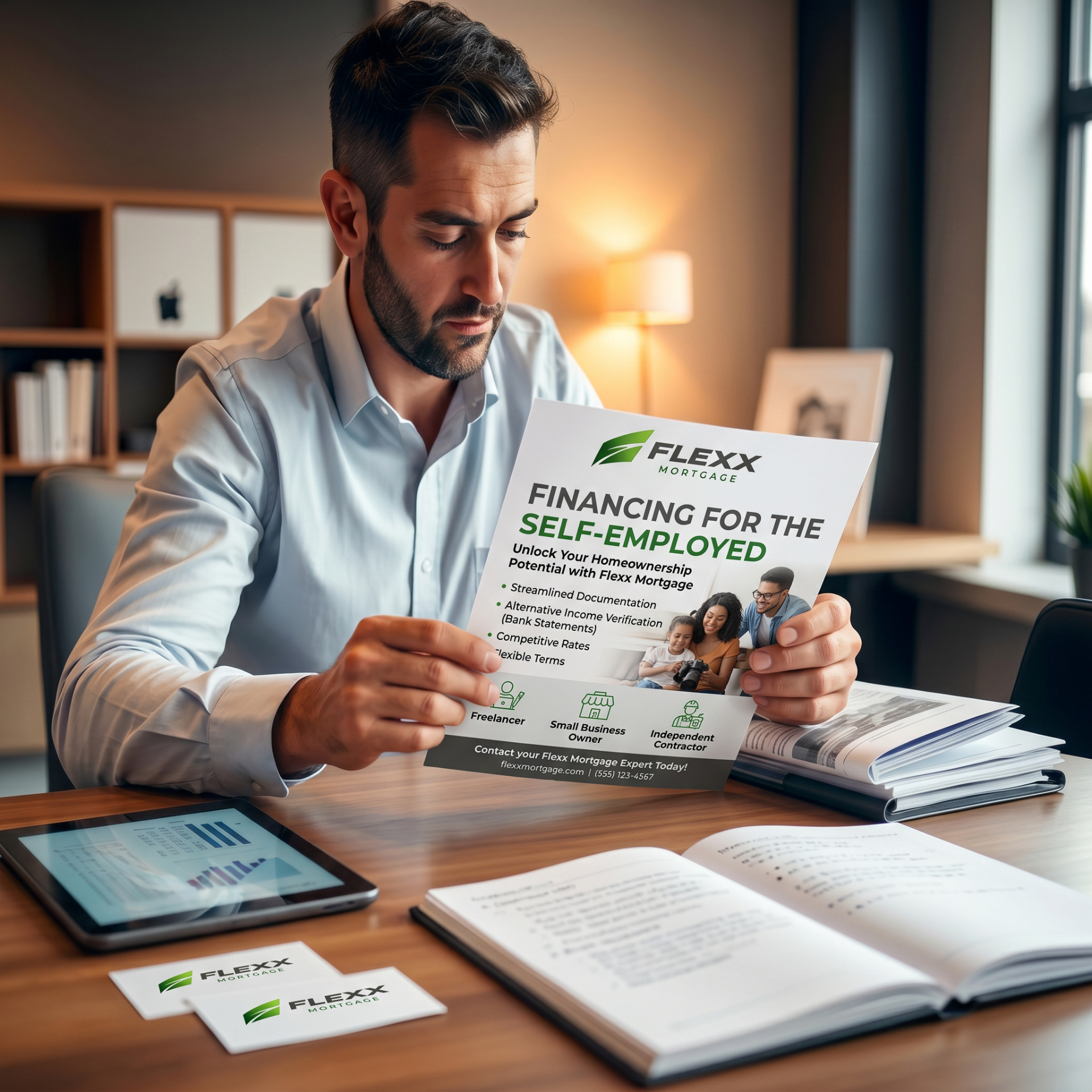 Self-employed borrower reviewing a Flexx Mortgage financing brochure